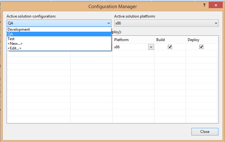Creater any configurations needed. Here we're using Development,Test, and QA